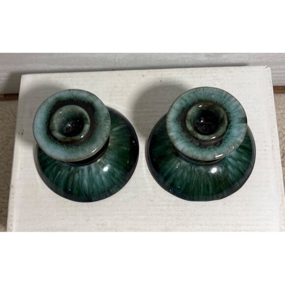 Blue Mountain Pottery Candlestick Holder Set Green Black Drip Glaze 2.75" MCM - Picture 2 of 8